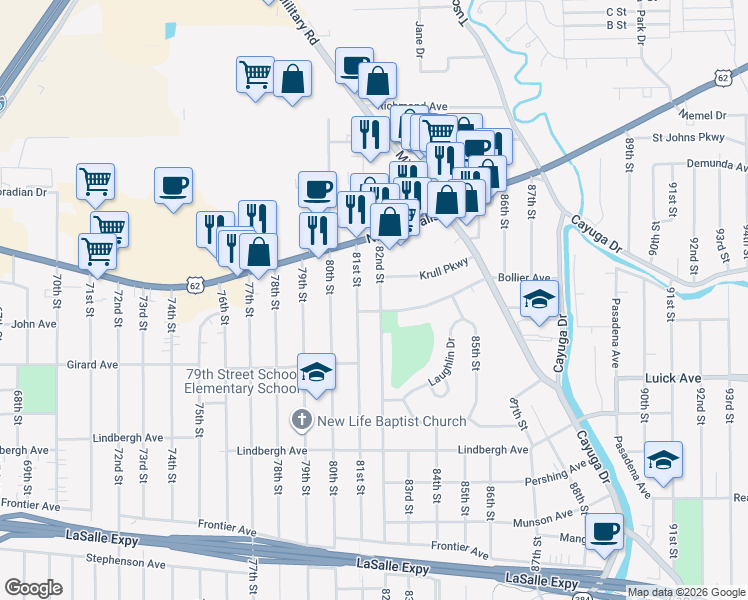 map of restaurants, bars, coffee shops, grocery stores, and more near 712 82nd Street in Niagara Falls