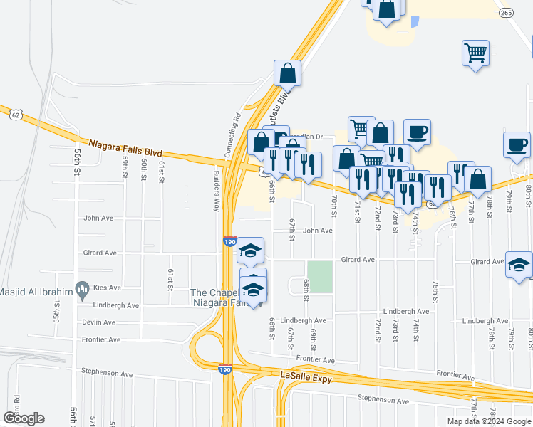 map of restaurants, bars, coffee shops, grocery stores, and more near 6450 John Avenue in Niagara Falls