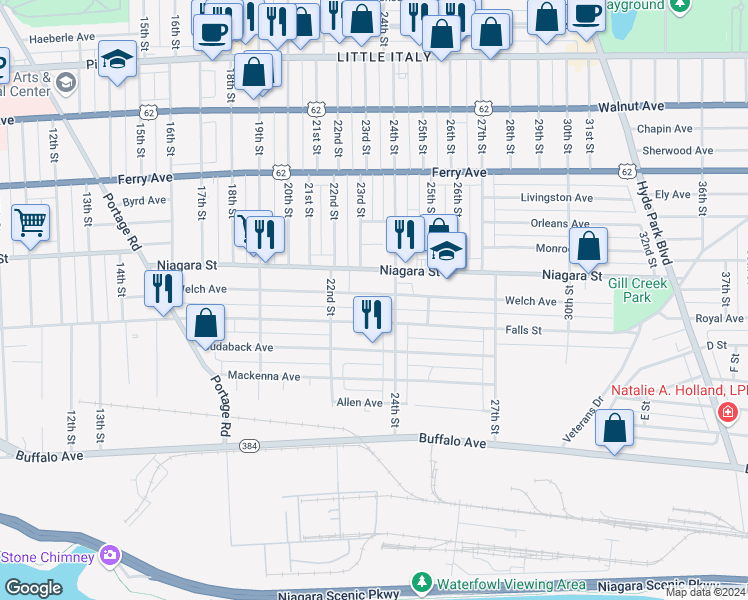 map of restaurants, bars, coffee shops, grocery stores, and more near 324 24th Street in Niagara Falls