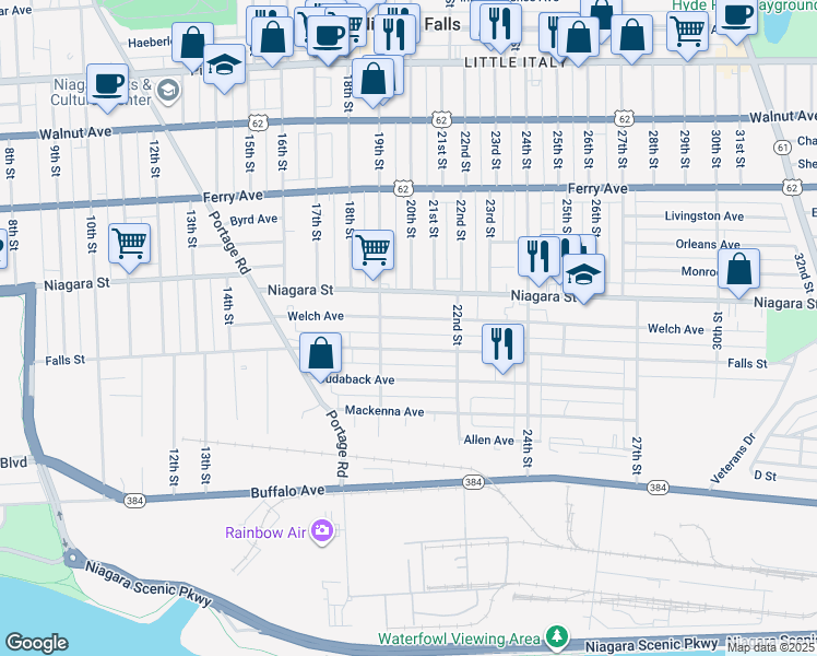 map of restaurants, bars, coffee shops, grocery stores, and more near 1932 Falls Street in Niagara Falls