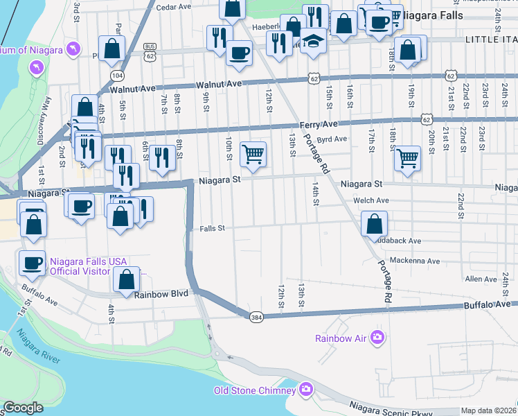 map of restaurants, bars, coffee shops, grocery stores, and more near 325 Memorial Parkway in Niagara Falls