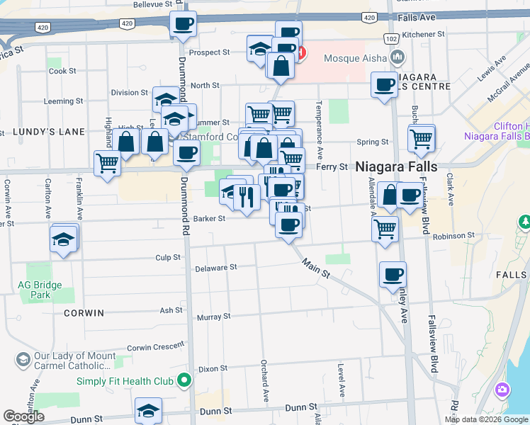 map of restaurants, bars, coffee shops, grocery stores, and more near 5993 Barker Street in Niagara Falls