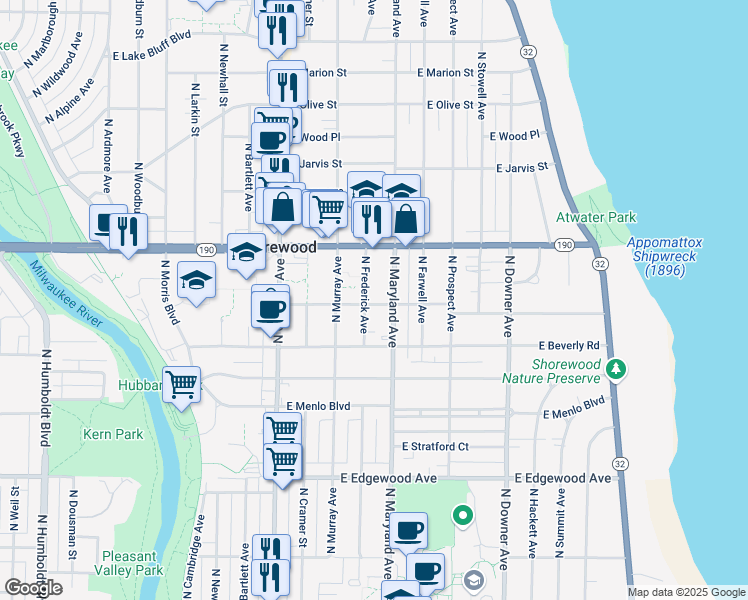 map of restaurants, bars, coffee shops, grocery stores, and more near 3902 North Frederick Avenue in Milwaukee