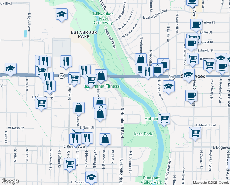 map of restaurants, bars, coffee shops, grocery stores, and more near 3863 North Humboldt Boulevard in Milwaukee
