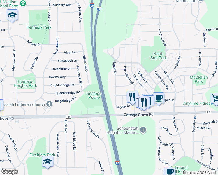 map of restaurants, bars, coffee shops, grocery stores, and more near 718 Jupiter Drive in Madison