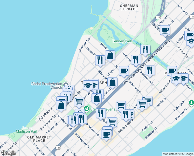 map of restaurants, bars, coffee shops, grocery stores, and more near in Madison