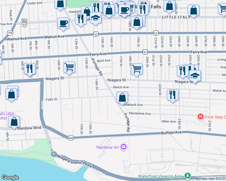map of restaurants, bars, coffee shops, grocery stores, and more near 317 Portage Road in Niagara Falls
