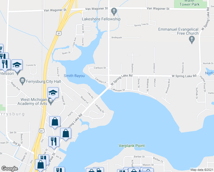 map of restaurants, bars, coffee shops, grocery stores, and more near 17537 168th Avenue in Spring Lake