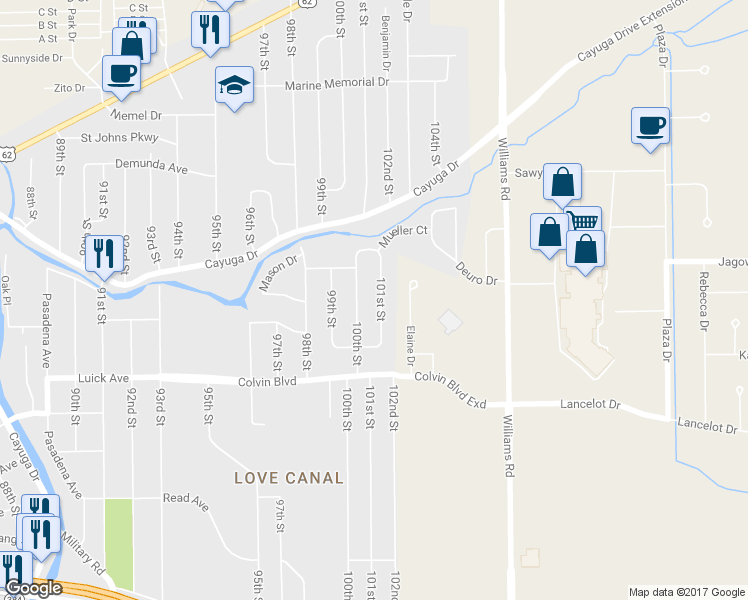 map of restaurants, bars, coffee shops, grocery stores, and more near 1066 101st Street in Niagara Falls