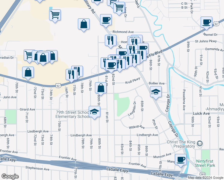map of restaurants, bars, coffee shops, grocery stores, and more near 712 82nd Street in Niagara Falls