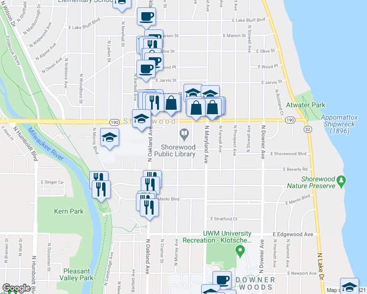 map of restaurants, bars, coffee shops, grocery stores, and more near 2010 East Shorewood Boulevard in Shorewood