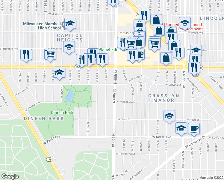 map of restaurants, bars, coffee shops, grocery stores, and more near 3857 North 60th Street in Milwaukee