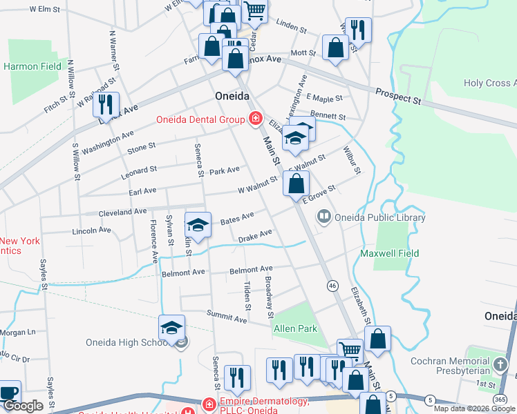 map of restaurants, bars, coffee shops, grocery stores, and more near 418 Broad Street in Oneida