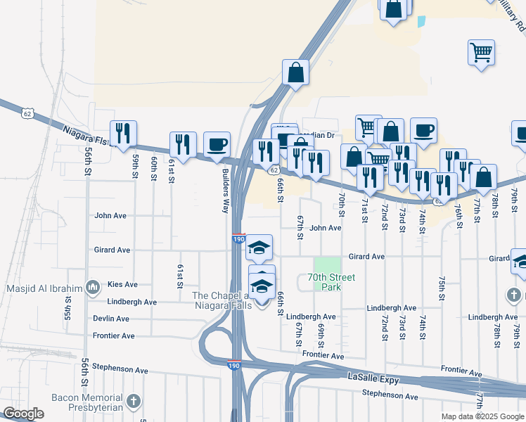 map of restaurants, bars, coffee shops, grocery stores, and more near 6432 John Avenue in Niagara Falls