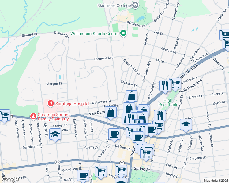 map of restaurants, bars, coffee shops, grocery stores, and more near 159 Clinton Street in Saratoga Springs