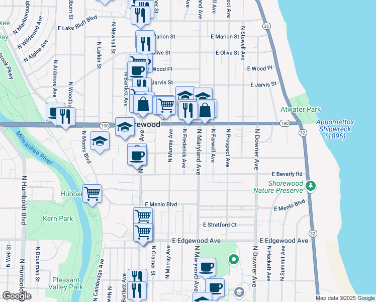 map of restaurants, bars, coffee shops, grocery stores, and more near 3902 North Frederick Avenue in Milwaukee