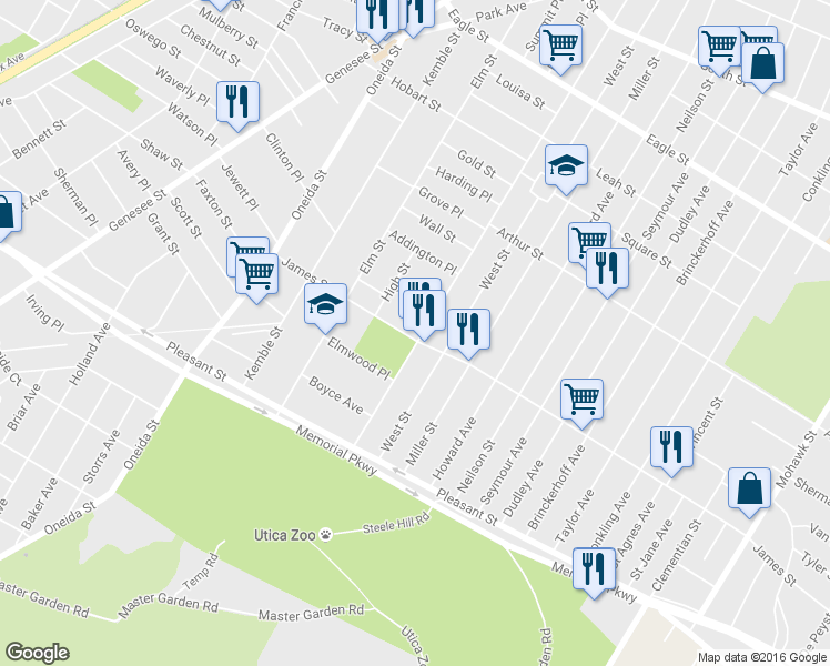map of restaurants, bars, coffee shops, grocery stores, and more near 1576 Steuben St in Utica