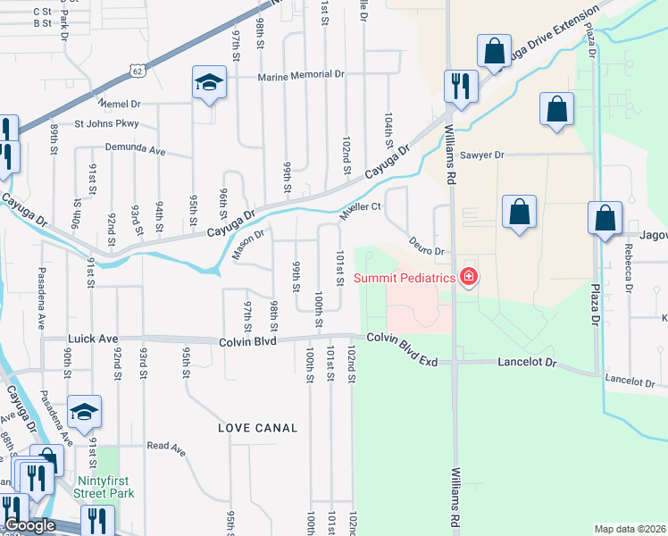 map of restaurants, bars, coffee shops, grocery stores, and more near 1066 101st Street in Niagara Falls