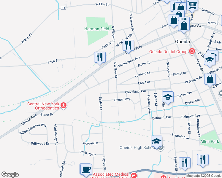 map of restaurants, bars, coffee shops, grocery stores, and more near 321 Carpenter Street in Oneida