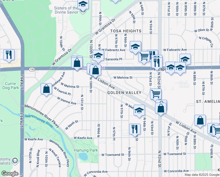 map of restaurants, bars, coffee shops, grocery stores, and more near 3876 North 98th Street in Milwaukee