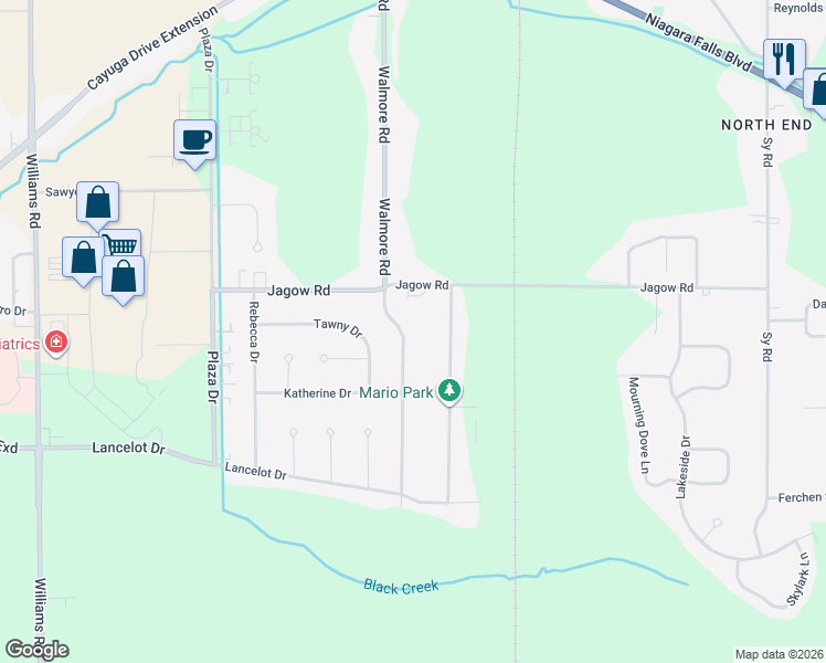 map of restaurants, bars, coffee shops, grocery stores, and more near 6932 Deborah Lane in Niagara Falls
