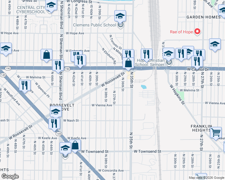 map of restaurants, bars, coffee shops, grocery stores, and more near 3873 North 37th Street in Milwaukee