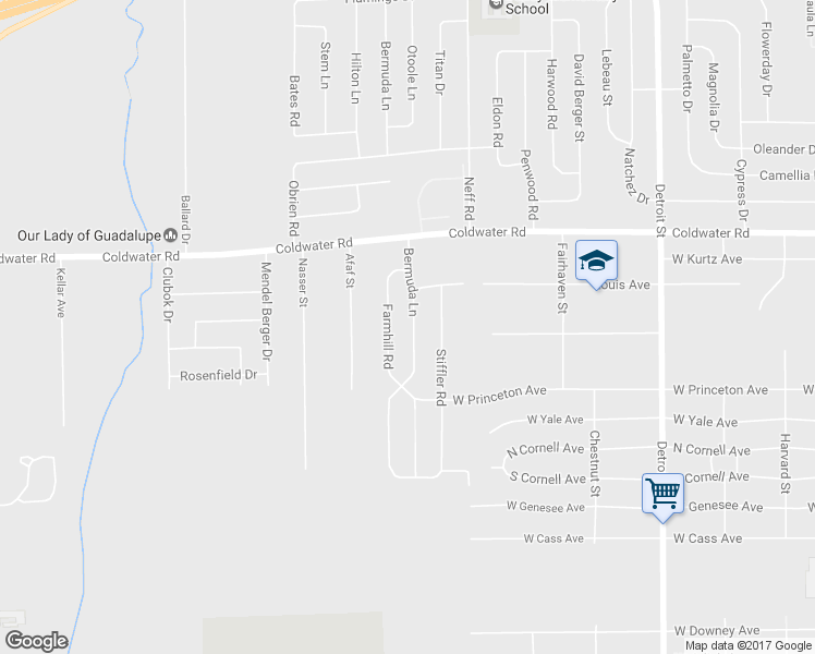 map of restaurants, bars, coffee shops, grocery stores, and more near 5447 Bermuda Lane in Flint