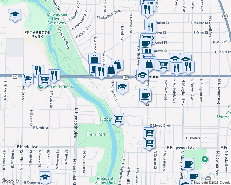 map of restaurants, bars, coffee shops, grocery stores, and more near 3857 North Morris Boulevard in Shorewood