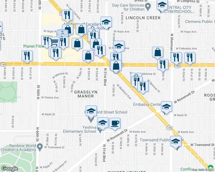 map of restaurants, bars, coffee shops, grocery stores, and more near 3860 North 51st Boulevard in Milwaukee