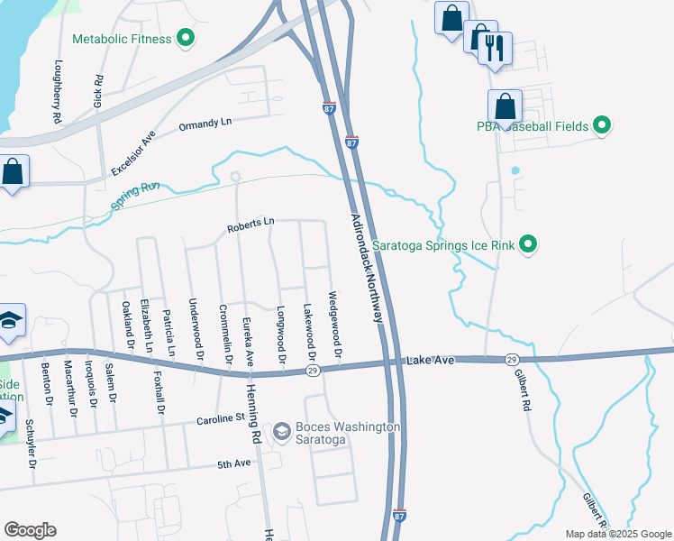 map of restaurants, bars, coffee shops, grocery stores, and more near 24 Wedgewood Drive in Saratoga Springs