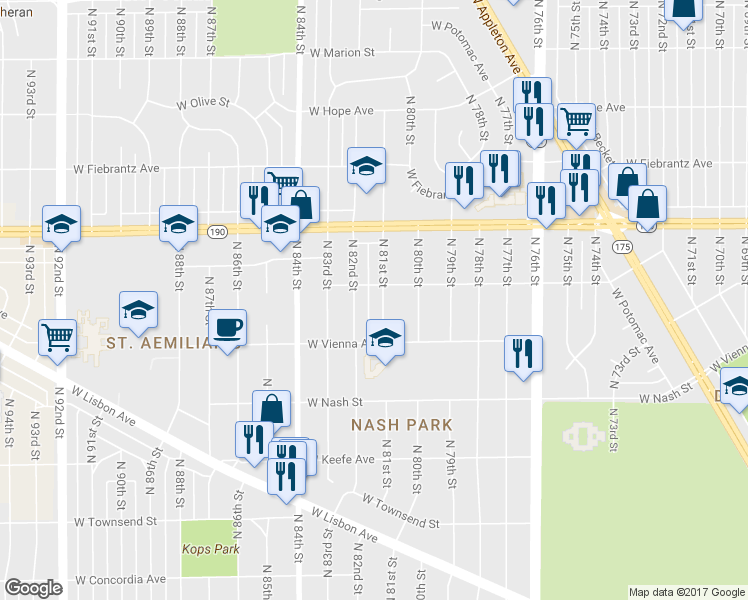 map of restaurants, bars, coffee shops, grocery stores, and more near 3861 North 81st Street in Milwaukee