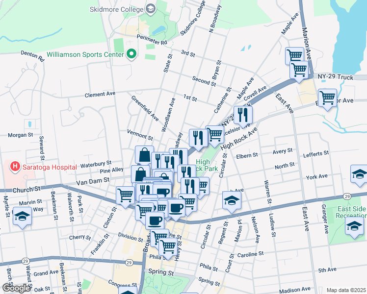 map of restaurants, bars, coffee shops, grocery stores, and more near 604 North Broadway in Saratoga Springs