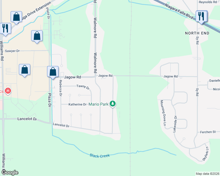 map of restaurants, bars, coffee shops, grocery stores, and more near 6932 Deborah Lane in Niagara Falls