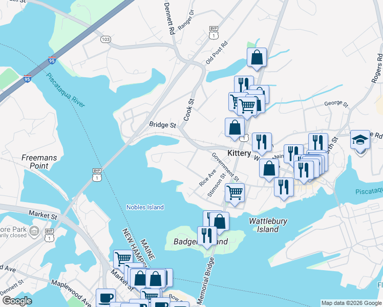 map of restaurants, bars, coffee shops, grocery stores, and more near 4 Prince Avenue in Kittery