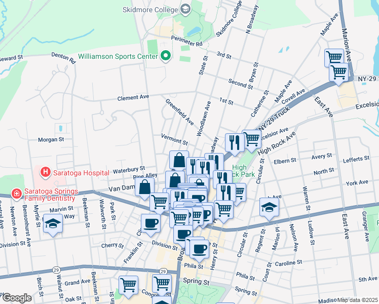 map of restaurants, bars, coffee shops, grocery stores, and more near 159 Woodlawn Avenue in Saratoga Springs