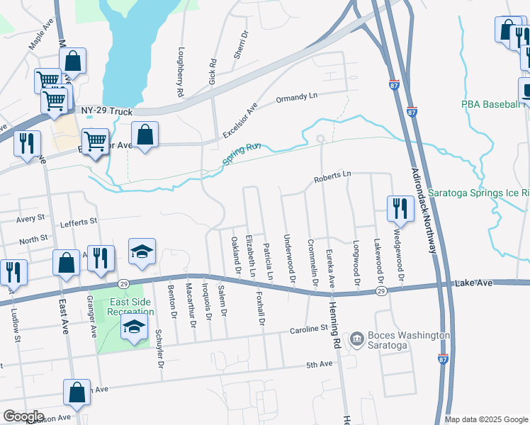 map of restaurants, bars, coffee shops, grocery stores, and more near 24 Patricia Lane in Saratoga Springs