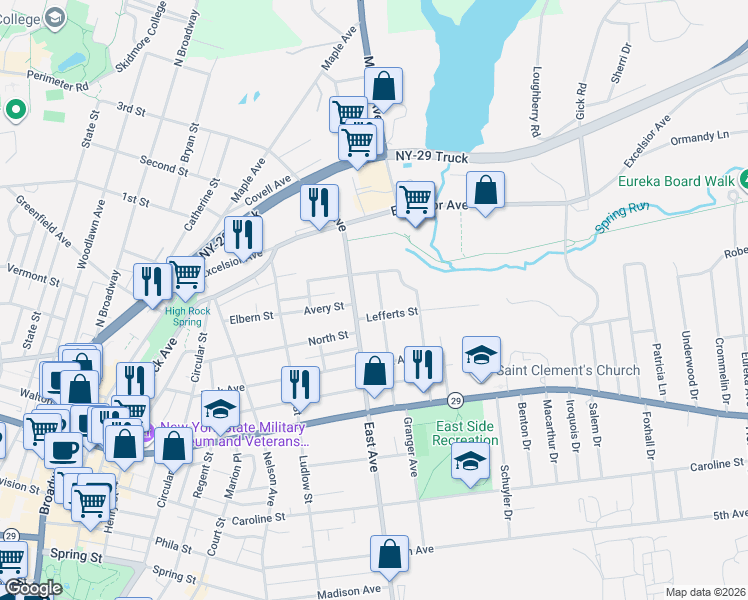 map of restaurants, bars, coffee shops, grocery stores, and more near 37 Pinewood Avenue in Saratoga Springs