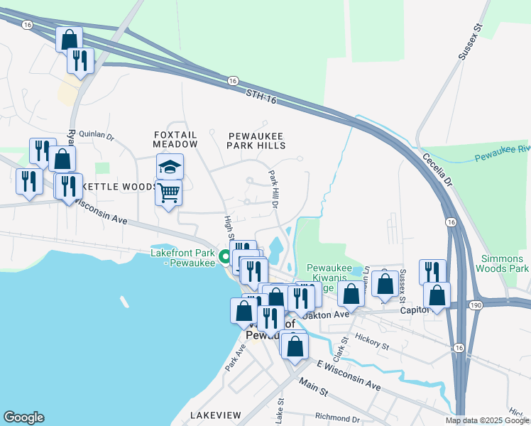 map of restaurants, bars, coffee shops, grocery stores, and more near 365 Park Hill Drive in Pewaukee