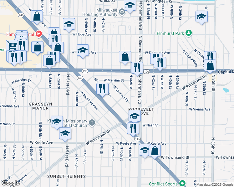 map of restaurants, bars, coffee shops, grocery stores, and more near 4531 West Spencer Place in Milwaukee