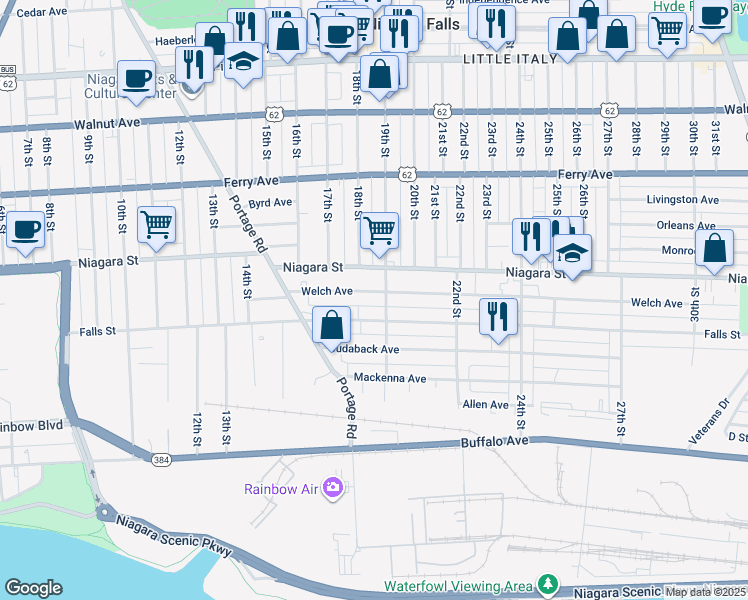 map of restaurants, bars, coffee shops, grocery stores, and more near 1793 Welch Avenue in Niagara Falls