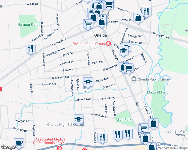 map of restaurants, bars, coffee shops, grocery stores, and more near 411-413 Seneca St in Oneida
