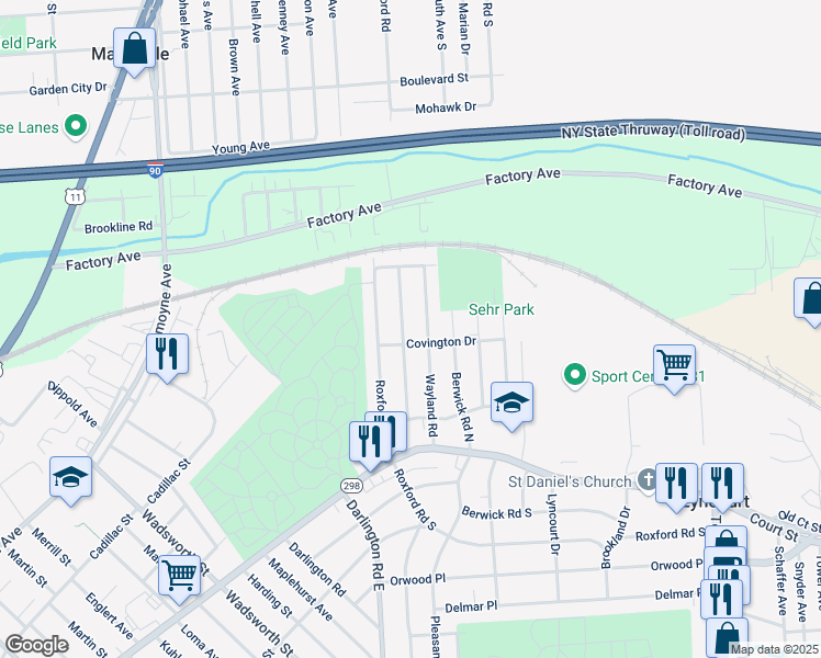 map of restaurants, bars, coffee shops, grocery stores, and more near 312 Medford Road in Syracuse