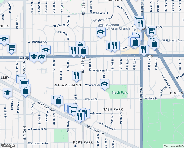 map of restaurants, bars, coffee shops, grocery stores, and more near 3863 North 82nd Street in Milwaukee
