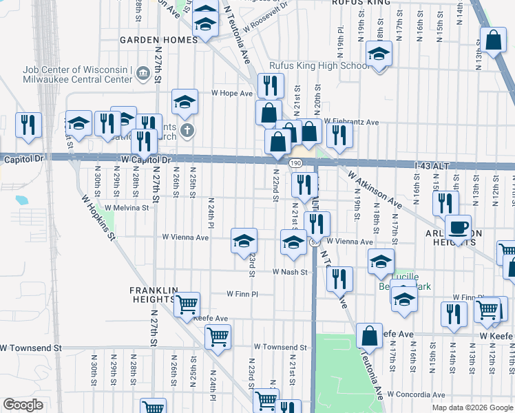 map of restaurants, bars, coffee shops, grocery stores, and more near 3868 North 23rd Street in Milwaukee