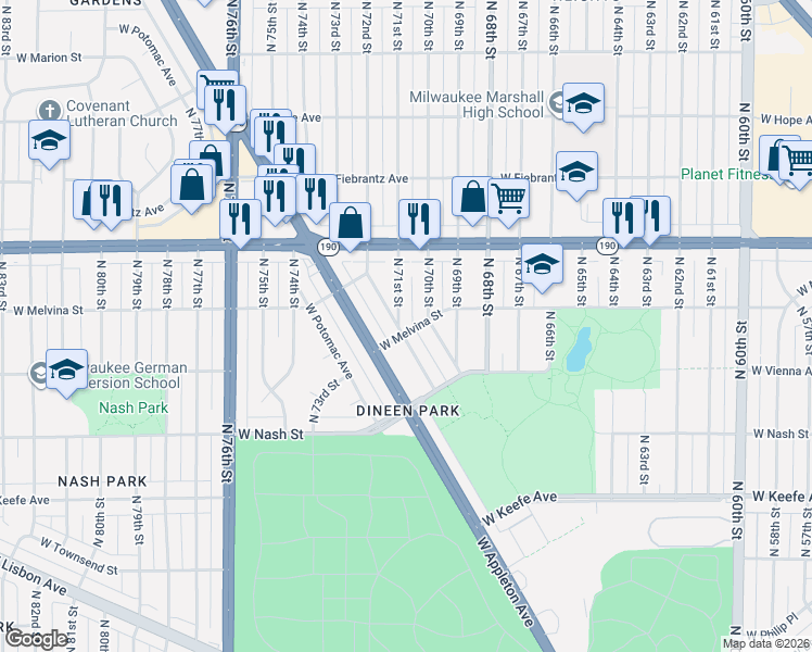 map of restaurants, bars, coffee shops, grocery stores, and more near 7084 West Beckett Avenue in Milwaukee