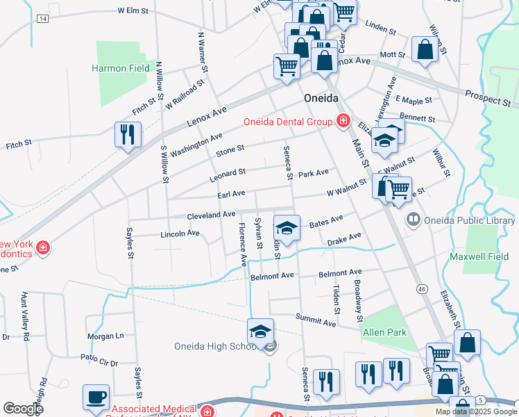 map of restaurants, bars, coffee shops, grocery stores, and more near 340 Cleveland Avenue in Oneida