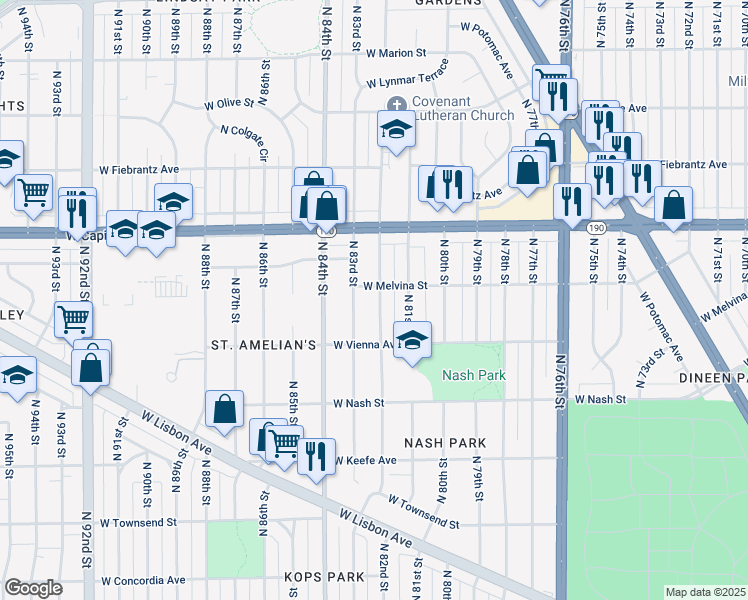 map of restaurants, bars, coffee shops, grocery stores, and more near 3863 North 82nd Street in Milwaukee