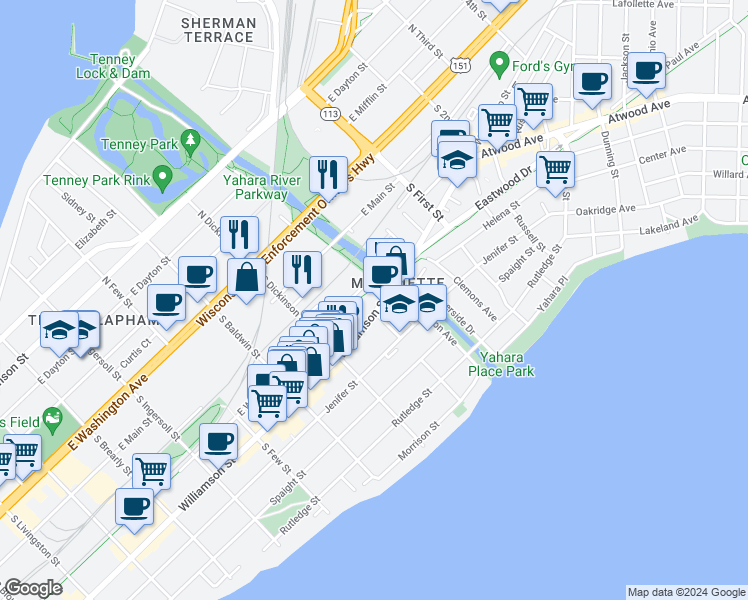 map of restaurants, bars, coffee shops, grocery stores, and more near 1504 Williamson Street in Madison