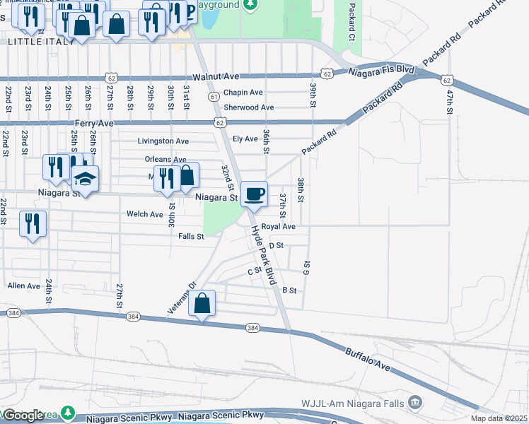 map of restaurants, bars, coffee shops, grocery stores, and more near 3321 Church Avenue in Niagara Falls