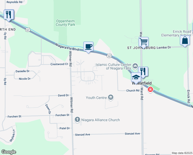 map of restaurants, bars, coffee shops, grocery stores, and more near 2748 Alder Creek Drive South in North Tonawanda